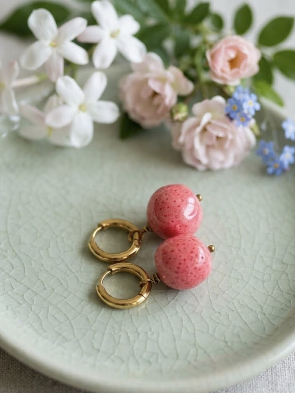 18k Gold Plated Hoop Earrings with Pink stabalized Coral Bead Drops